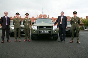 Pictured handing over the first Pajeros were (L-R) Kevin Kealy, Technical Manager, Mitsubishi Motors, Lt Col John Egan, Colonel Tom Rigney, Defence Forces Director of Transport, Robert Guy, Sales Manager, Mitsubishi Motors Ireland and Commandant Stephen Malone.